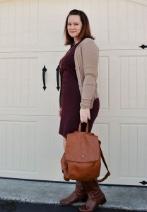 burgundy-dress-tan-cardi-brown-tall-boots-brown-bookbag-81